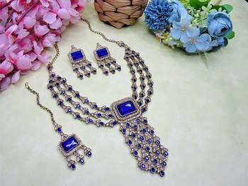 Blue yellow gold premium designer american diamond and stone work necklace set 2
