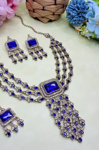Blue yellow gold premium designer american diamond and stone work necklace set