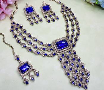 Blue yellow gold premium designer american diamond and stone work necklace set 3