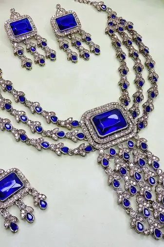 Blue yellow gold premium designer american diamond and stone work necklace set