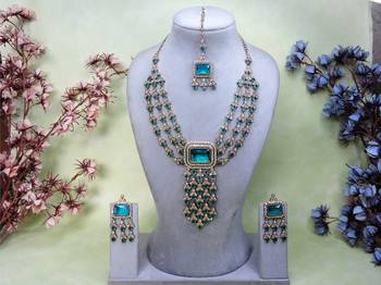 Green yellow gold premium designer american diamond and stone work necklace set 1