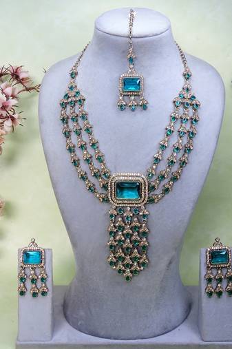 Green yellow gold premium designer american diamond and stone work necklace set