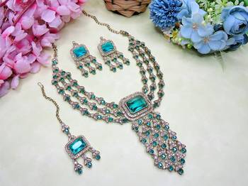 Green yellow gold premium designer american diamond and stone work necklace set 2