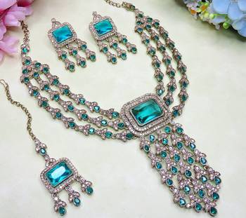 Green yellow gold premium designer american diamond and stone work necklace set 3