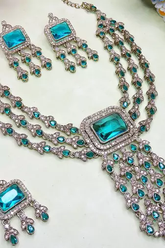 Green yellow gold premium designer american diamond and stone work necklace set