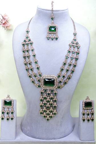 Green yellow gold premium designer american diamond and stone work necklace set