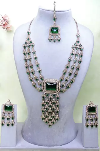 Green yellow gold premium designer american diamond and stone work necklace set