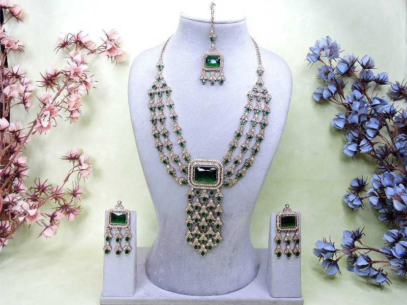 Green yellow gold premium designer american diamond and stone work necklace set