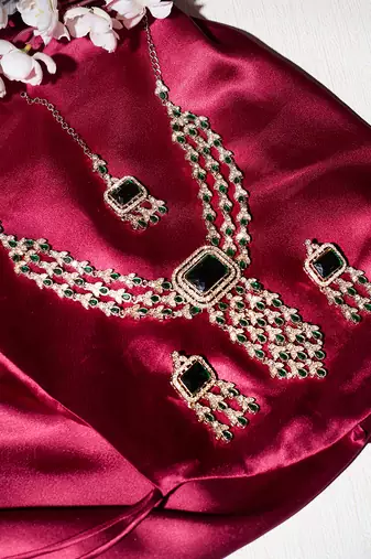 Green yellow gold premium designer american diamond and stone work necklace set