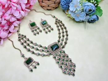 Green yellow gold premium designer american diamond and stone work necklace set 3