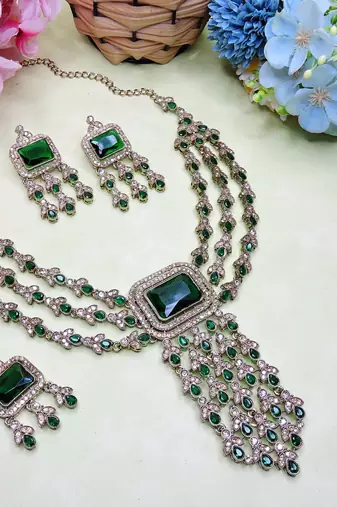 Green yellow gold premium designer american diamond and stone work necklace set