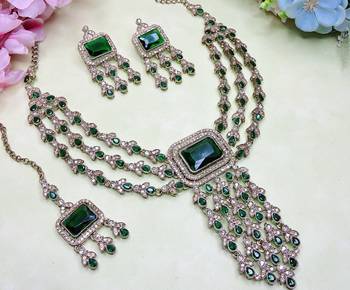 Green yellow gold premium designer american diamond and stone work necklace set 4