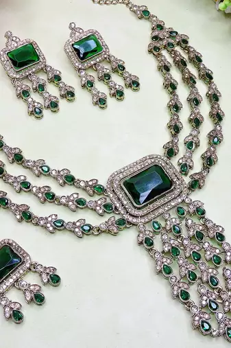 Green yellow gold premium designer american diamond and stone work necklace set