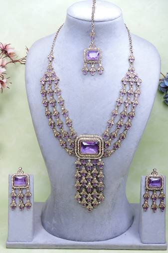 Purple yellow gold premium designer american diamond and stone work necklace set