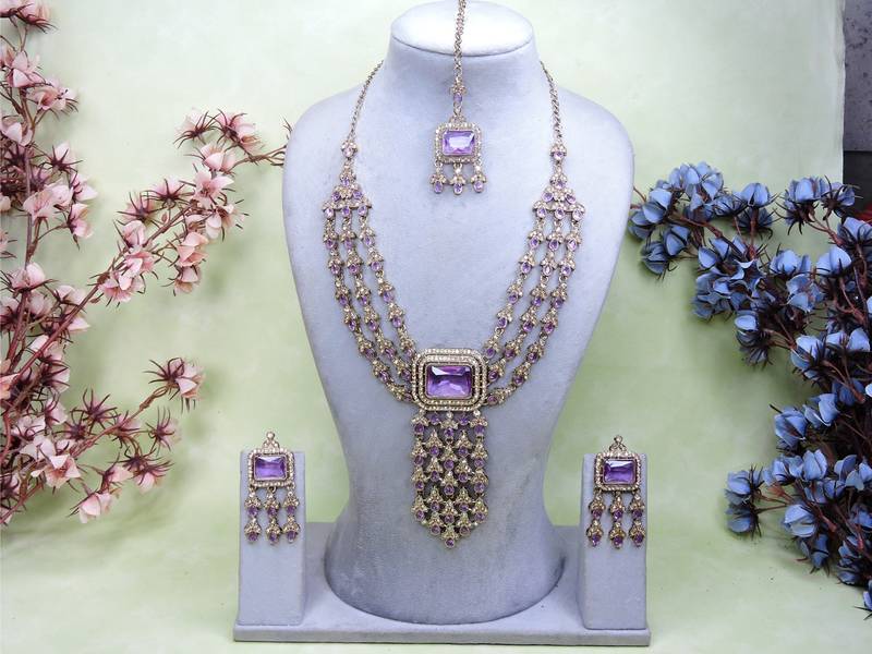 Purple yellow gold premium designer american diamond and stone work necklace set