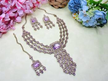 Purple yellow gold premium designer american diamond and stone work necklace set 2