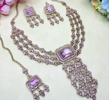 Purple yellow gold premium designer american diamond and stone work necklace set 3