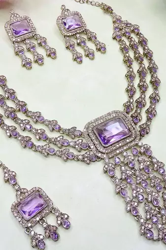 Purple yellow gold premium designer american diamond and stone work necklace set