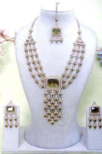 Green yellow gold premium designer american diamond and stone work necklace set