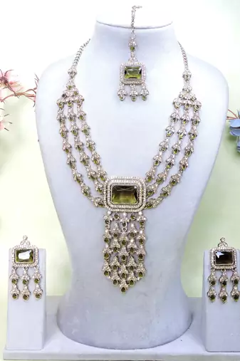 Green yellow gold premium designer american diamond and stone work necklace set