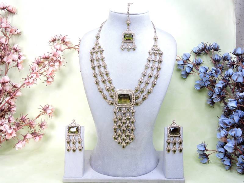 Green yellow gold premium designer american diamond and stone work necklace set