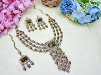 Green yellow gold premium designer american diamond and stone work necklace set 2