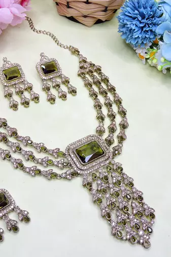 Green yellow gold premium designer american diamond and stone work necklace set