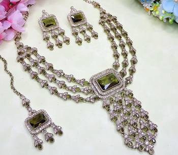 Green yellow gold premium designer american diamond and stone work necklace set 3