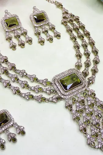 Green yellow gold premium designer american diamond and stone work necklace set