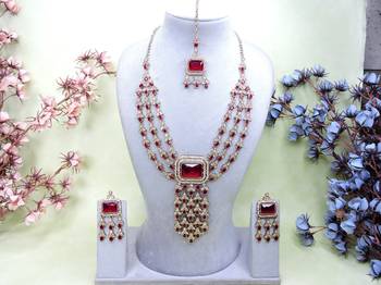Maroon yellow gold premium designer american diamond and stone work necklace set 1