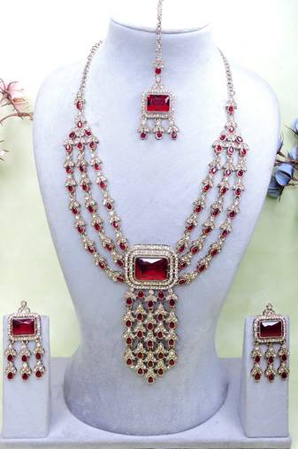 Maroon yellow gold premium designer american diamond and stone work necklace set