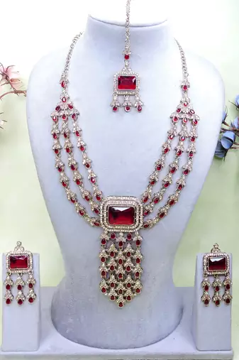 Maroon yellow gold premium designer american diamond and stone work necklace set