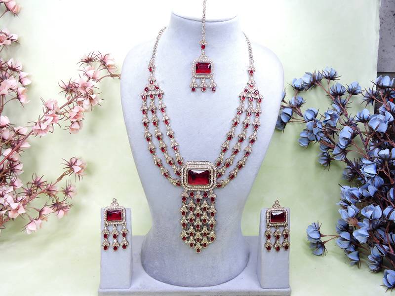 Maroon yellow gold premium designer american diamond and stone work necklace set