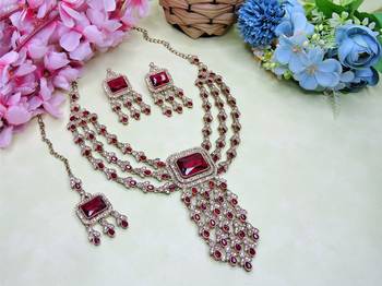 Maroon yellow gold premium designer american diamond and stone work necklace set 2