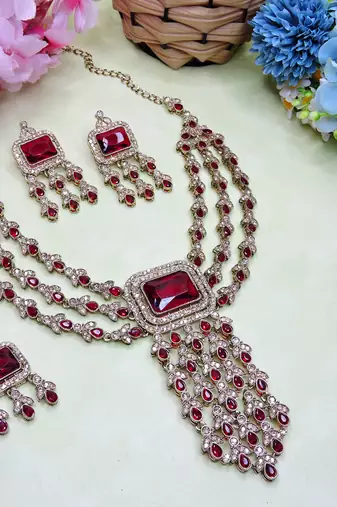 Maroon yellow gold premium designer american diamond and stone work necklace set