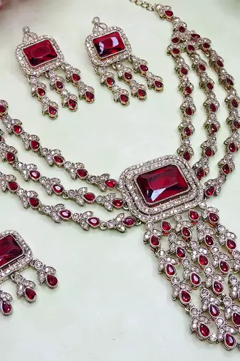 Maroon yellow gold premium designer american diamond and stone work necklace set
