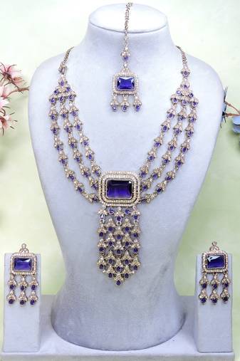 Blue yellow gold premium designer american diamond and stone work necklace set