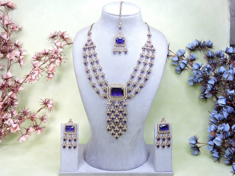 Blue yellow gold premium designer american diamond and stone work necklace set
