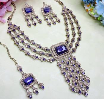 Blue yellow gold premium designer american diamond and stone work necklace set 3