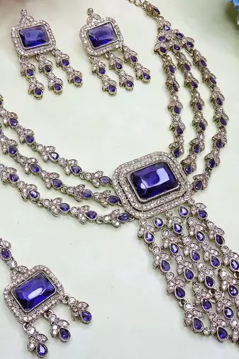 Blue yellow gold premium designer american diamond and stone work necklace set