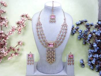 Pink yellow gold premium designer american diamond and stone work necklace set 1
