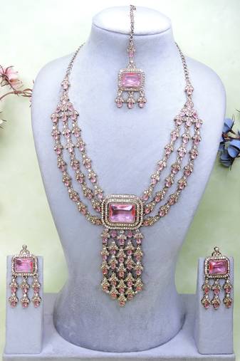 Pink yellow gold premium designer american diamond and stone work necklace set