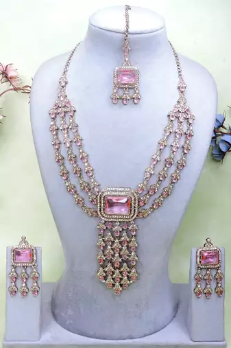 Pink yellow gold premium designer american diamond and stone work necklace set