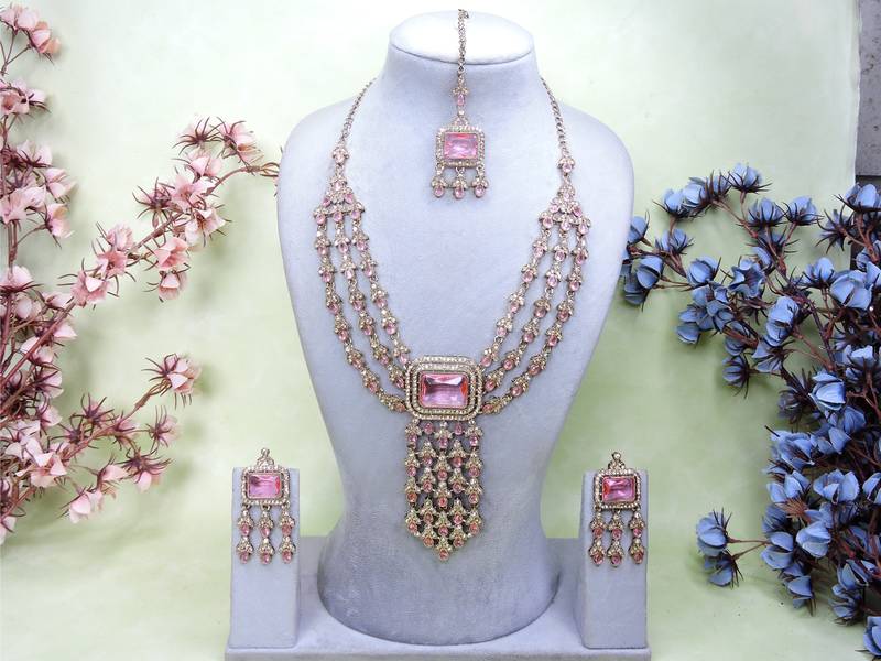 Pink yellow gold premium designer american diamond and stone work necklace set
