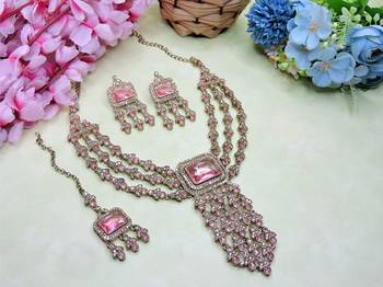 Pink yellow gold premium designer american diamond and stone work necklace set 2