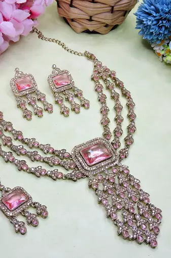 Pink yellow gold premium designer american diamond and stone work necklace set