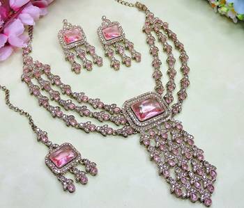 Pink yellow gold premium designer american diamond and stone work necklace set 3