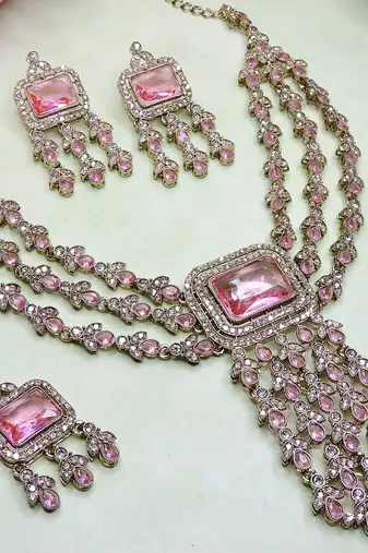 Pink yellow gold premium designer american diamond and stone work necklace set