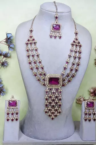 Purple yellow gold premium designer american diamond and stone work necklace set