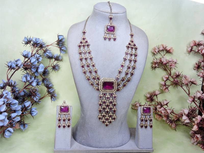 Purple yellow gold premium designer american diamond and stone work necklace set